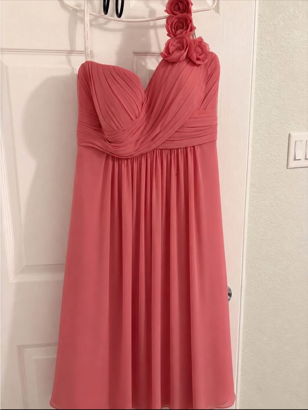 Women's Coral One-Shoulder Chiffon Dress with Floral Strap